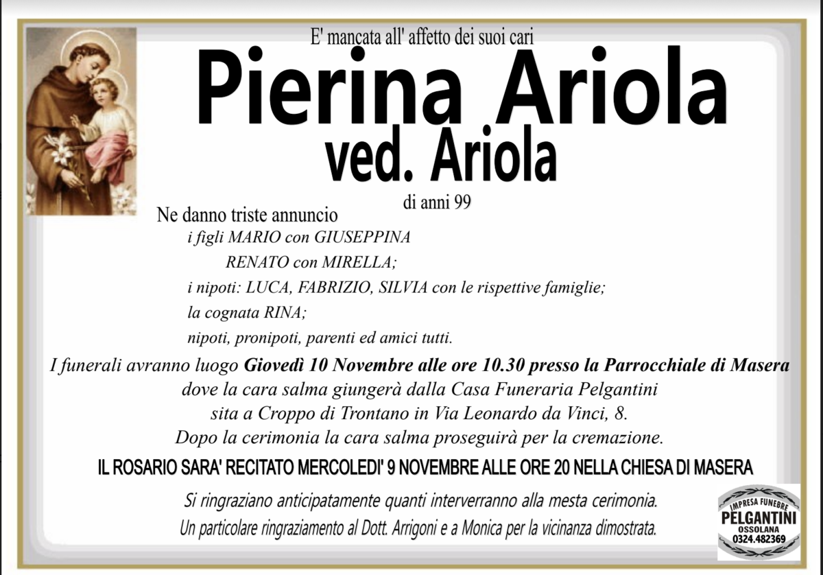 Pierina Ariola Ved Ariola Di Anni 99 Ossolanews It